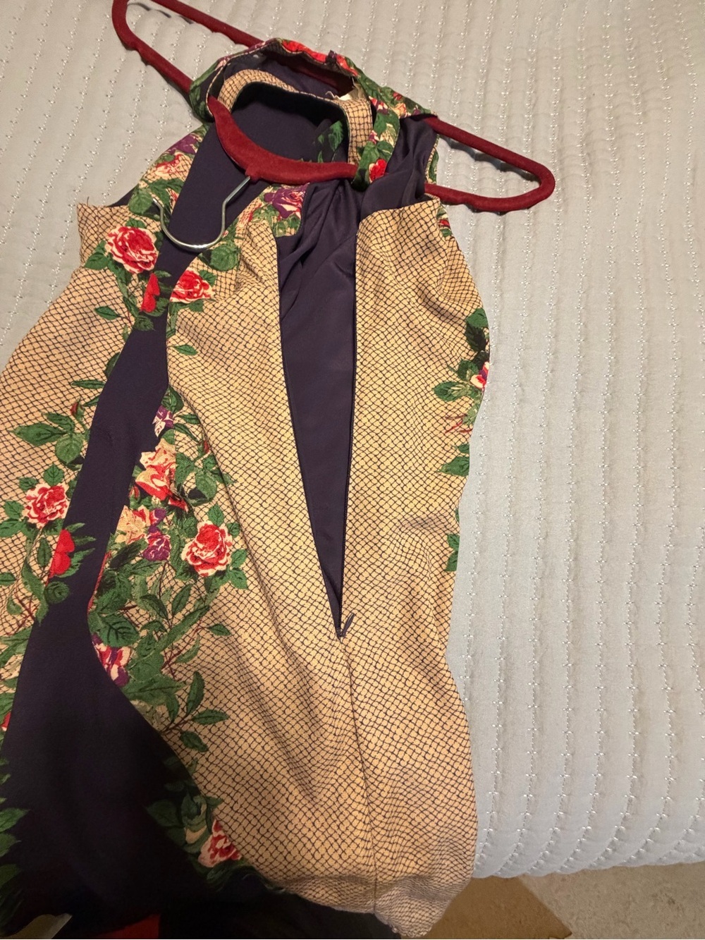 Floral A-Line Dress in Navy and Beige - Picture 3 of 7